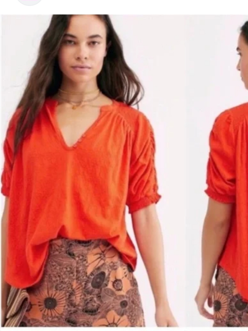 Free People Smocked Tee Women's Size Xs Orange Red Buttons V Neck Oversized